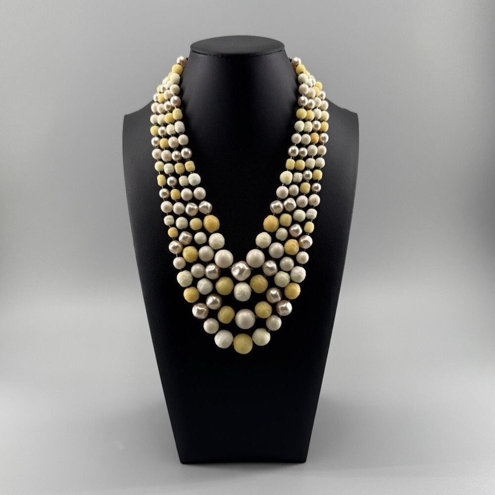 Vintage Multi Strand Beaded Necklace Yellow Cream Faux Pearl Signed Japan